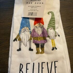 Rae Dunn White Kitchen Towel with Blue Red Purple and Green Gnome Trio